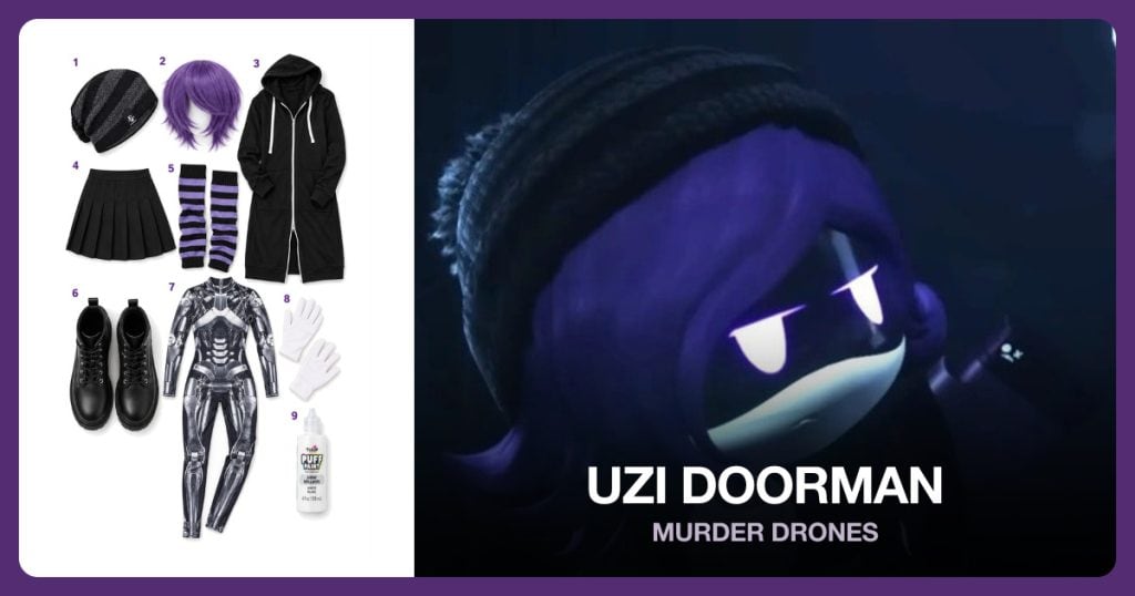 Black Striped Beanie, Short Purple Wig, Black Tunic Hoodie and Black Pleated Skirt beside Uzi Doorman