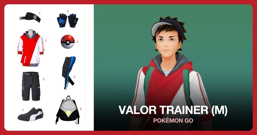 Pokemon GO Trainer Visor Hat, Racing Biker Gloves, Pokemon Go Trainer Hoodie and Pokeball Toy beside Valor Trainer (M)
