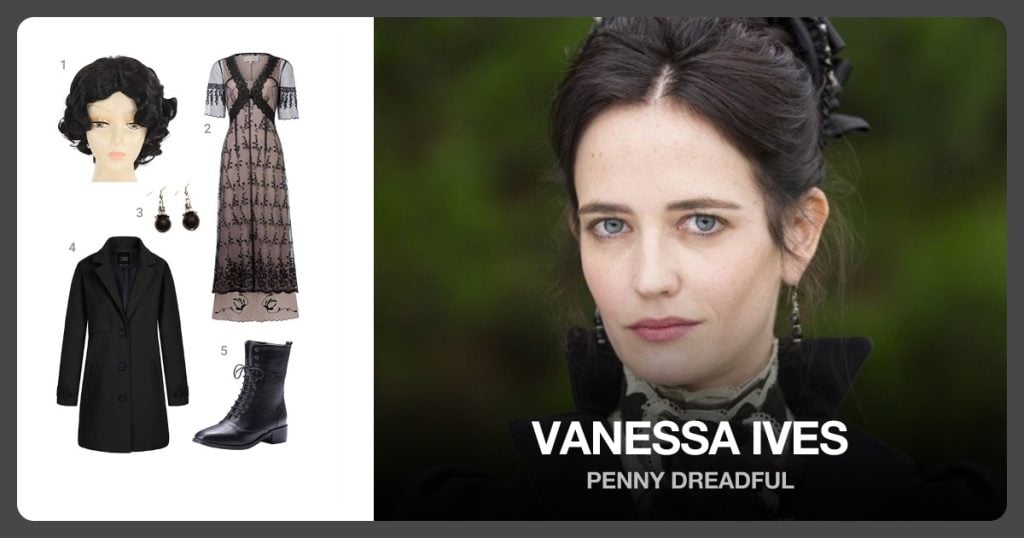 Women’s Vintage Wig, Victorian Long Dress, Lava Rock Ball Earrings and Classic Pea Coat beside Vanessa Ives