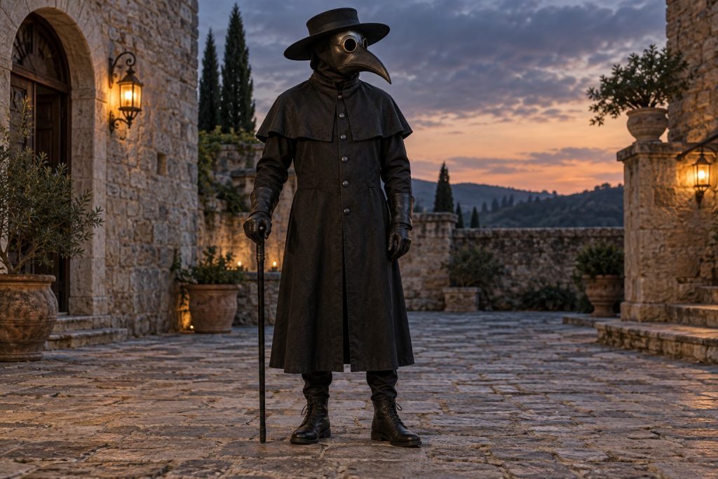 Full-length black beaked-mask costume with hat, frock coat and boots