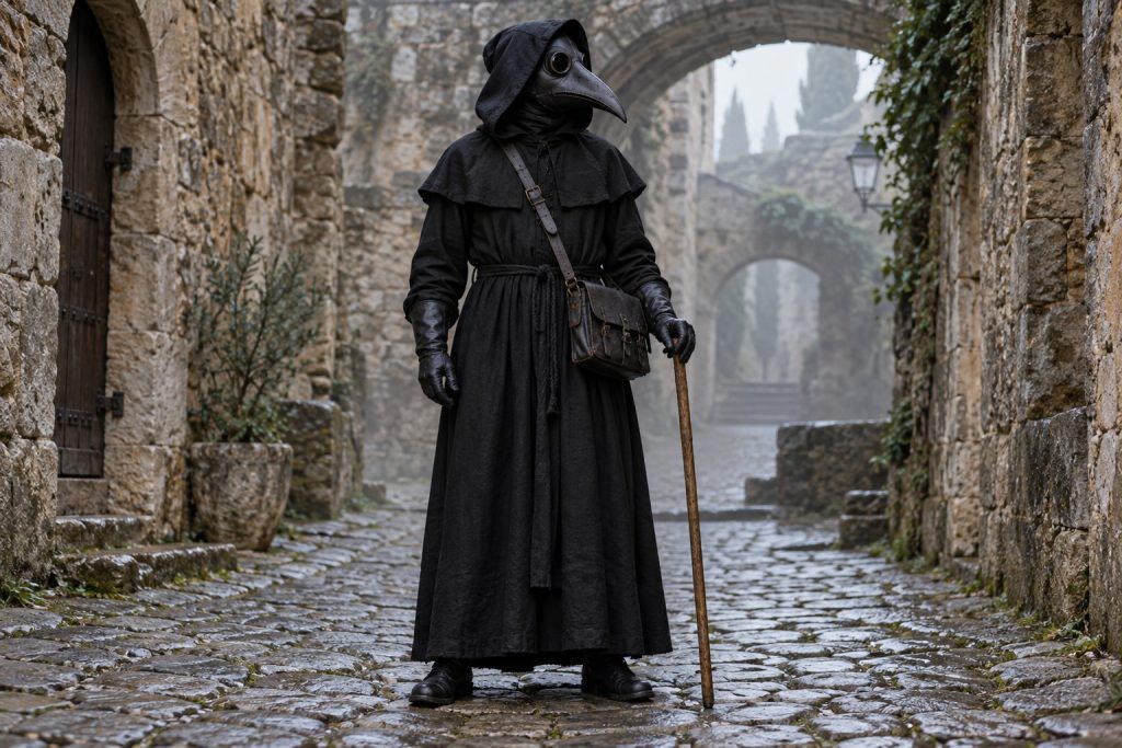 Hooded black robe Plague Doctor costume with cane and gloves
