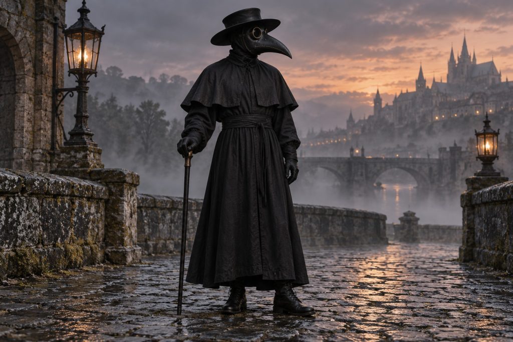 Ready-made black robe and beaked mask costume