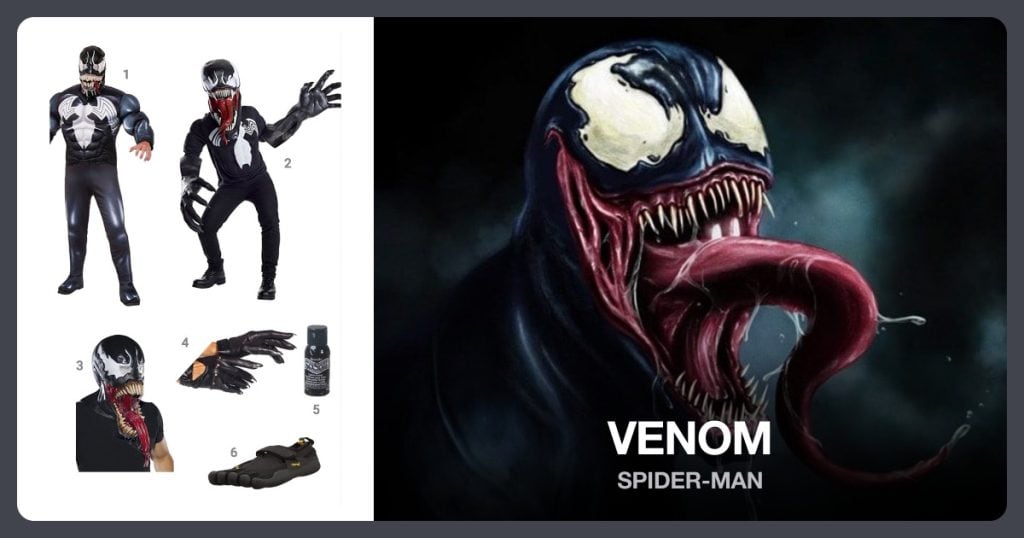 Marvel Venom Costume, Venom Creature Reacher Costume, Venom Mask and Claw Gloves beside Venom