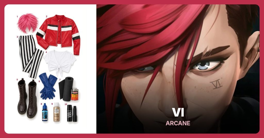Short Pink Wig, Red Cropped Moto Jacket, Black and White Striped Leggings and White Wrap Crop Top beside Vi from Arcane