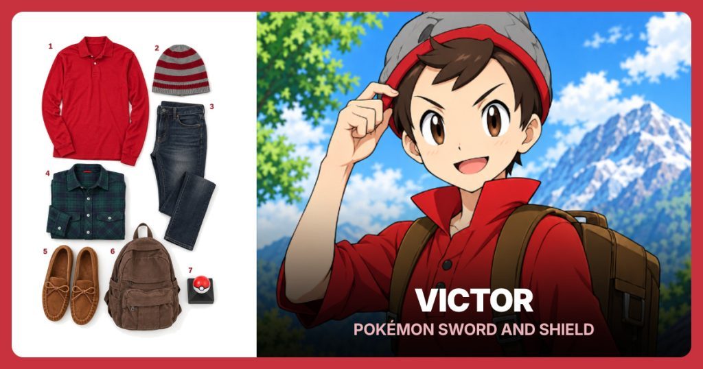 Red Long-Sleeve Polo, Gray and Red Striped Knit Beanie, Dark-Wash Jeans and Green and Navy Plaid Shirt beside Victor