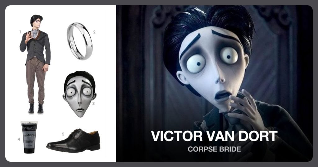 Men’s Victor Van Dort Costume, Wedding Band, Corpse Bride - Victor Mask and Mehron Makeup beside Victor Van Dort