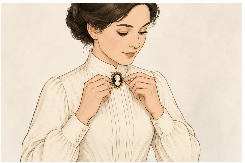 Fasten cameo at blouse neckline