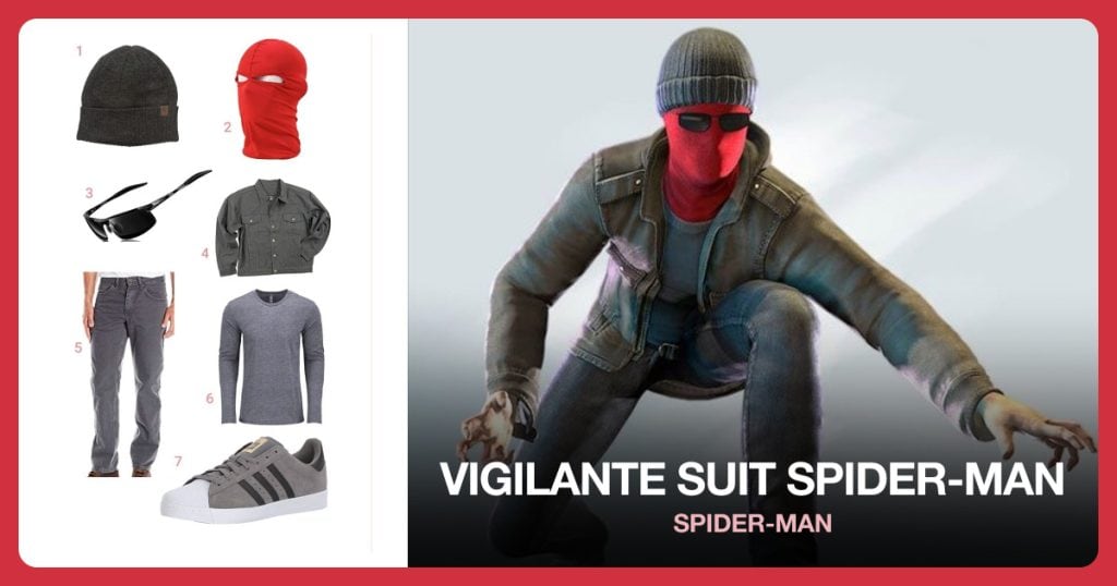 Men’s Rib Beanie, Full Face Mask, Polarized Sunglasses and Mens Biker Jacket beside Vigilante Suit Spider-Man