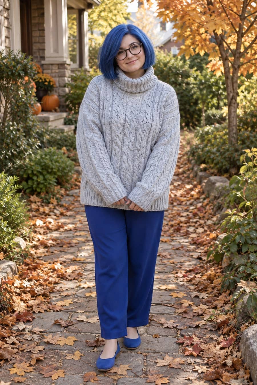 An adult dressed as Sadness in a chunky gray turtleneck, blue trousers and round glasses on an autumn path.