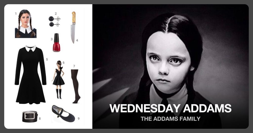 Black Braided Wig, Black Stud Earrings, Red Nail Polish and Toy Knife beside Wednesday Addams