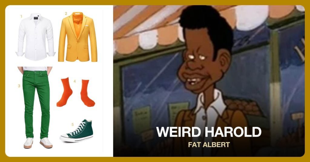 Men’s Green Skinny Fit Jeans, Yellow Blazer Suit, Men’s Green Skinny Fit Jeans and Orange Cotton Crew Socks beside Weird Harold