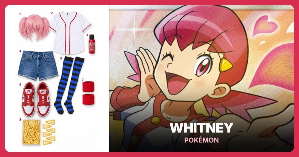 Short pink wig, White baseball jersey with red piping, Santa red fabric paint and Medium blue denim cutoffs beside Whitney