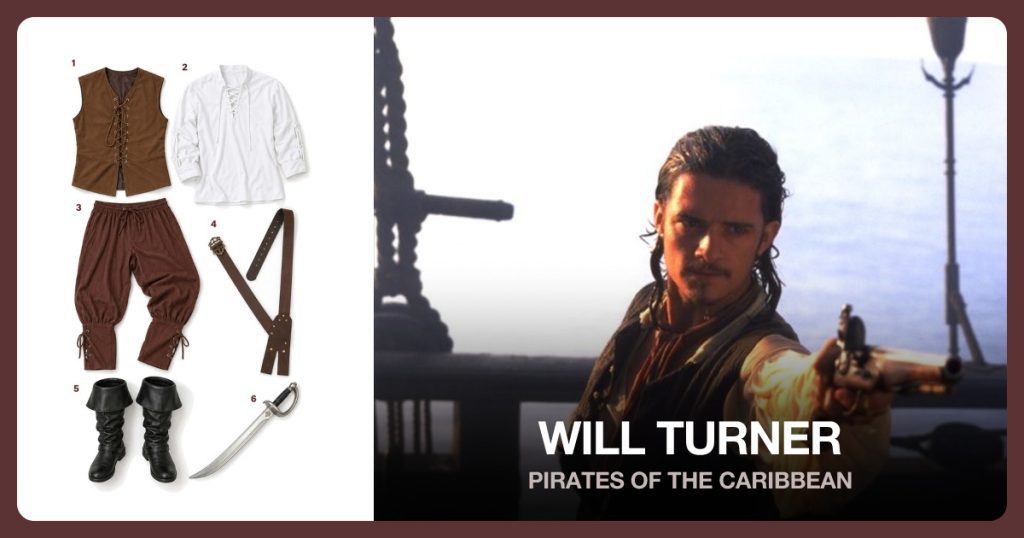 Brown Pirate Waistcoat, White Renaissance Pirate Shirt, Brown Pirate Trousers and Brown Sword Baldric beside Will Turner