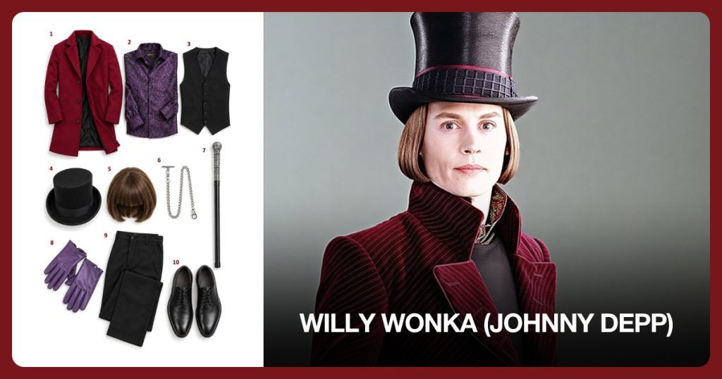 Men’s Suit Vest, Purple Paisley Shirt, Men’s Wool Blend Pea Coat and Men’s Paisley Casual Shirt beside Willy Wonka (Johnny Depp)
