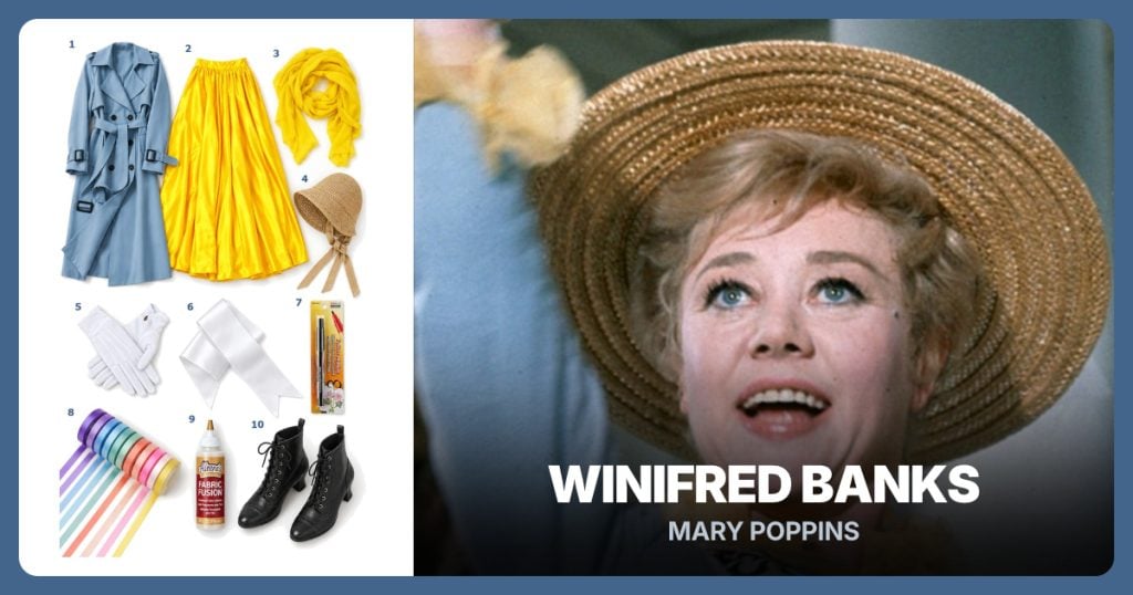 Light Blue Long Coat, Yellow Maxi Skirt, Yellow Chiffon Scarf and Straw Bonnet beside Winifred Banks