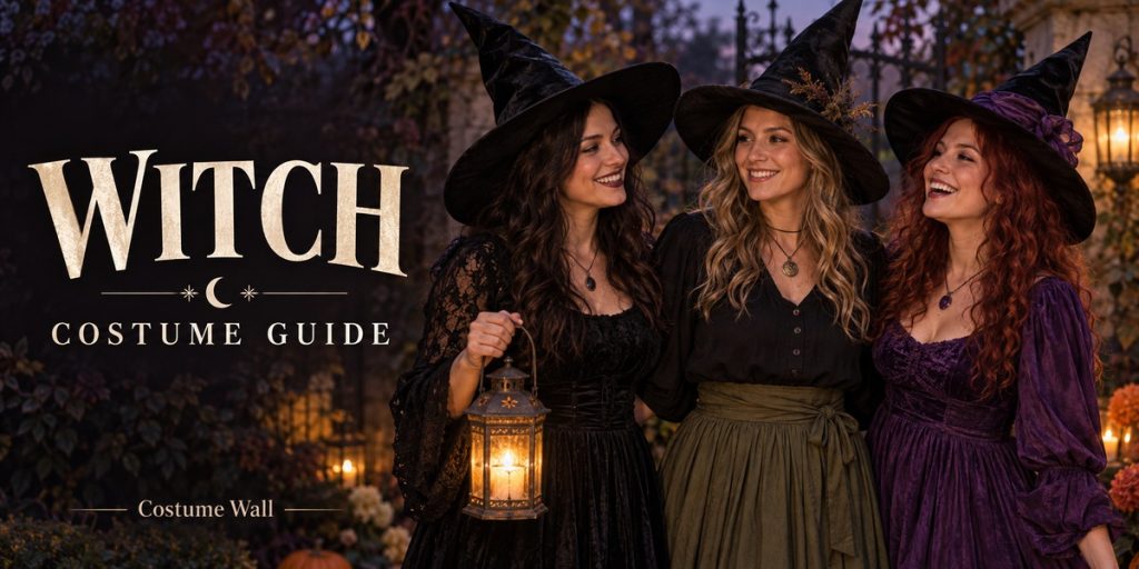Black Pointed Witch Hat, Long Black Dress, Olive Maxi Skirt and Purple Dress beside Witch