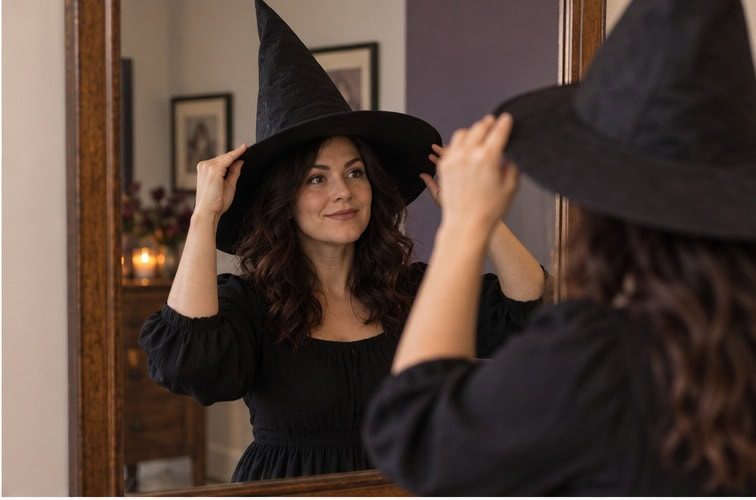 Adjusting a pointed witch hat