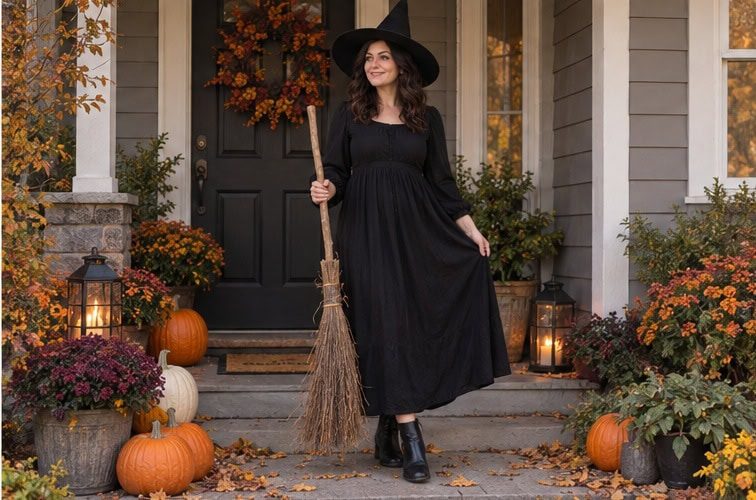 Checking the finished witch outfit