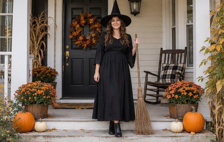 Classic black witch with a broom