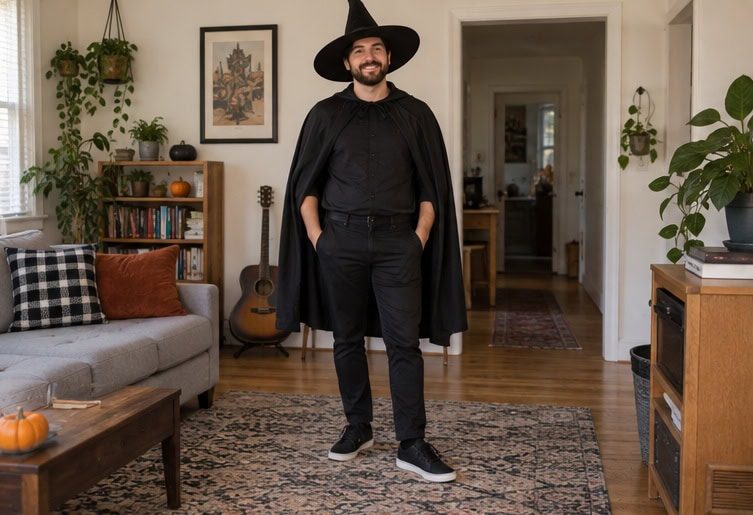 Last-minute witch in black trousers and cape