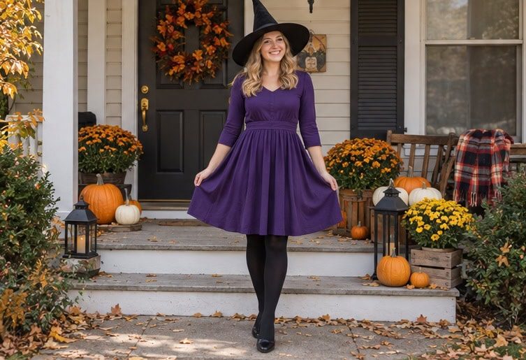 Friendly witch in a purple dress