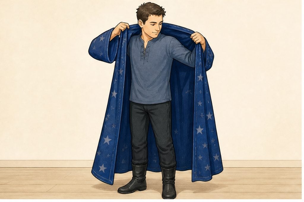 Put on blue wizard robe