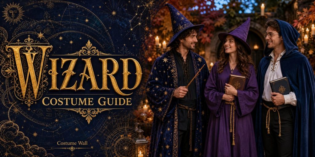 Blue Star Wizard Costume, Purple Velvet Wizard Robe, Black Long Maxi Dress and White Men’s Button-Down Shirt beside Wizard