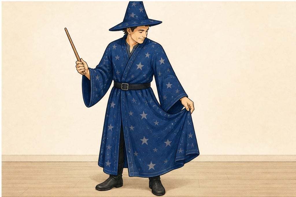 Hold lightweight wand and check robe hem