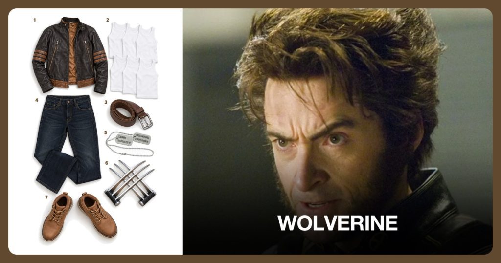 Brown Striped Jacket, White Tank Top, Brown Leather Belt and Dark Blue Jeans beside Wolverine
