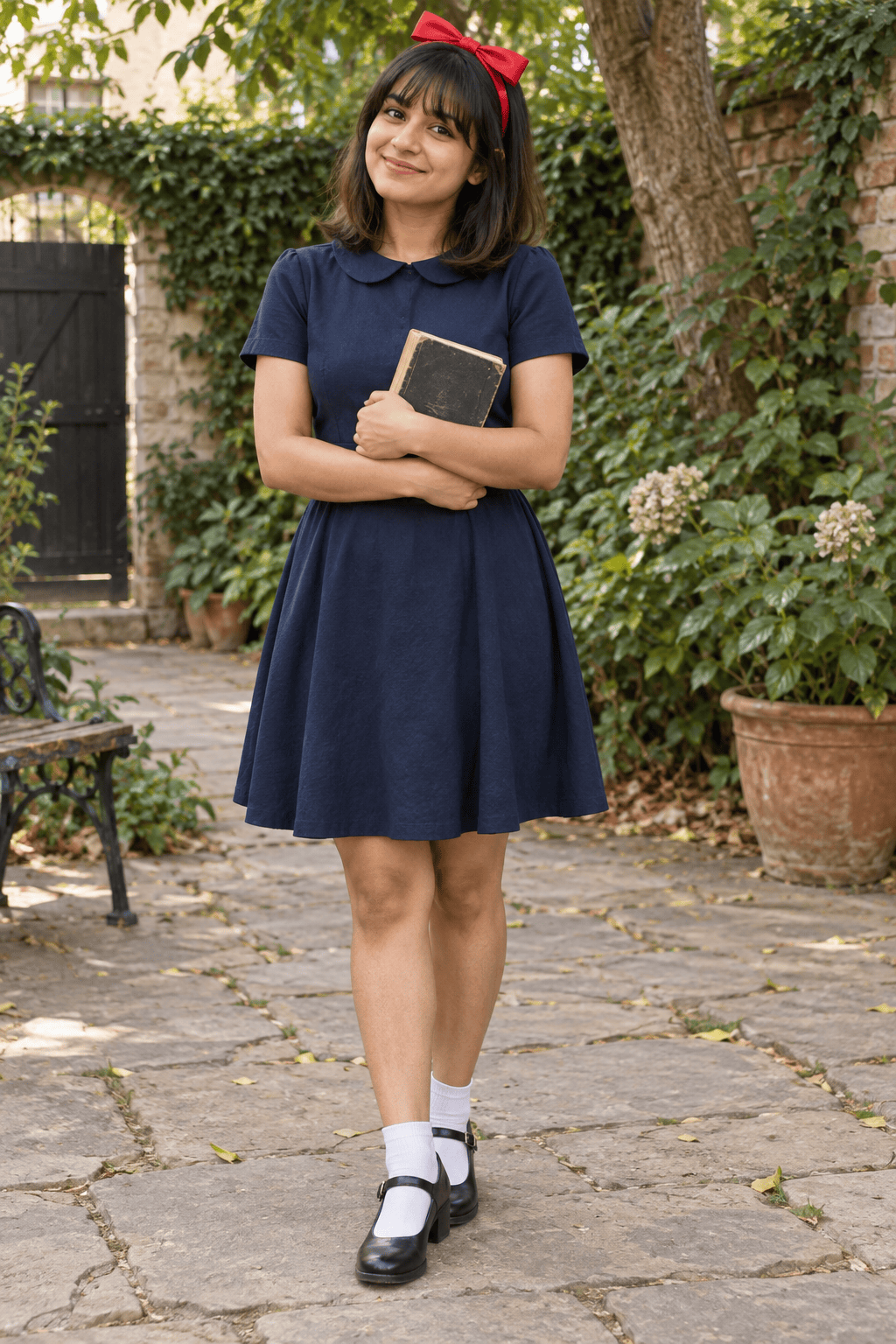 Adult costumer wearing a navy Matilda dress, red bow, white socks and black Mary Janes