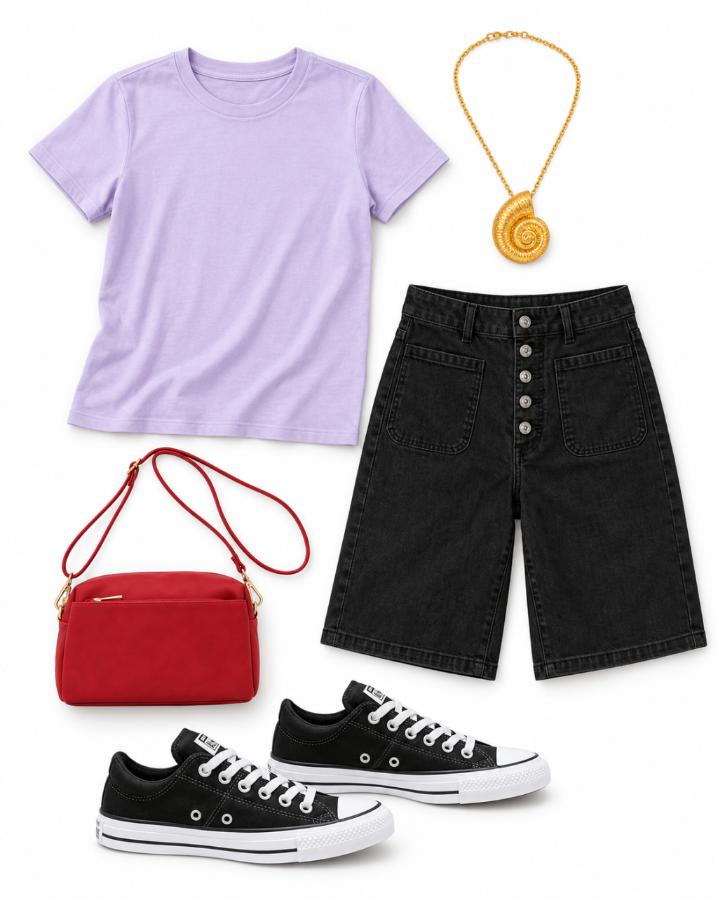 Lavender crewneck tee, gold nautilus pendant, black high-waisted button-fly Bermuda shorts with five buttons, small red crossbody bag and black-and-white low-top sneakers arranged on white.