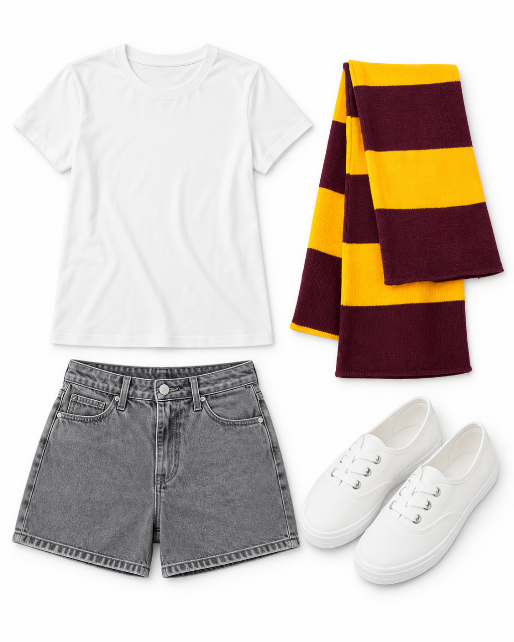 White relaxed-fit tee, washed-gray denim shorts with a straight stitched hem, broad maroon-and-gold striped scarf and plain white low-top canvas sneakers arranged on white.