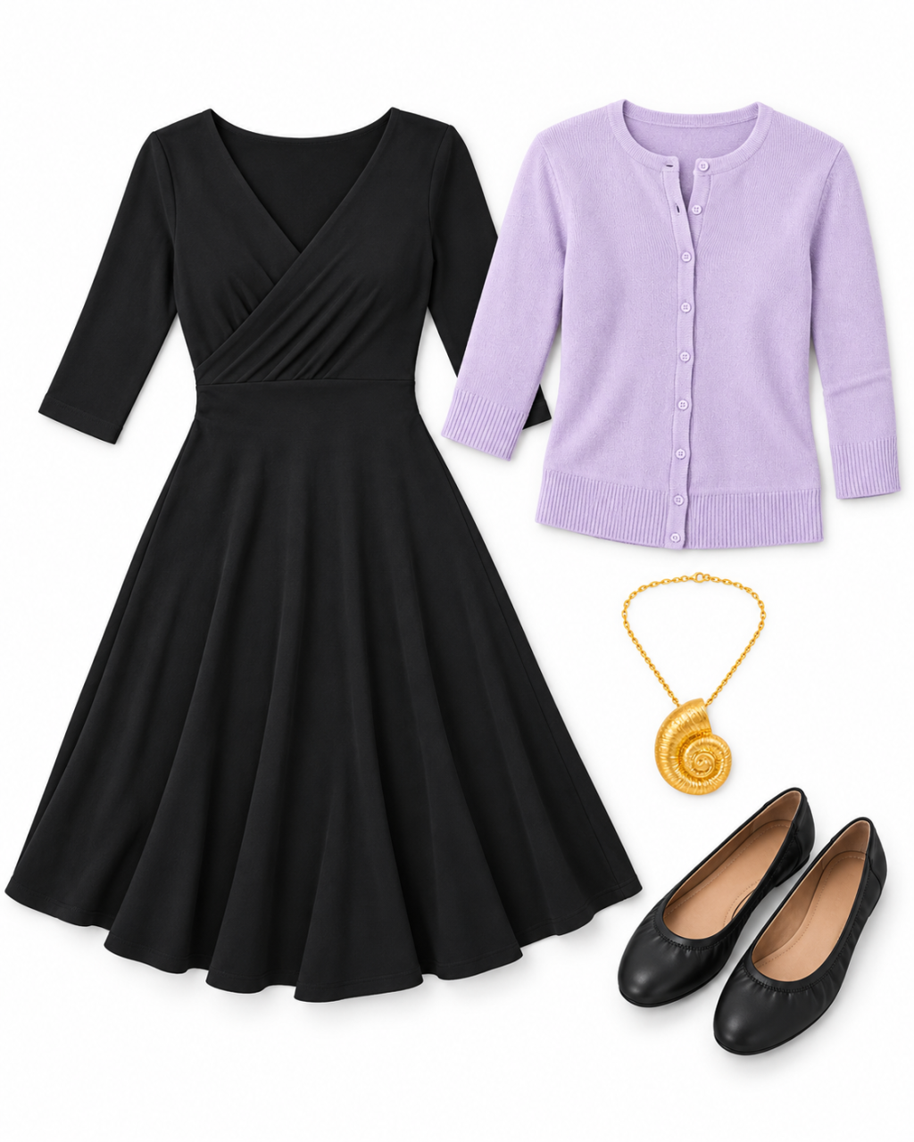 Black V-neck flared midi dress, lilac 3/4-sleeve button-front cardigan, gold spiral shell pendant and plain black ballet flats arranged on white.