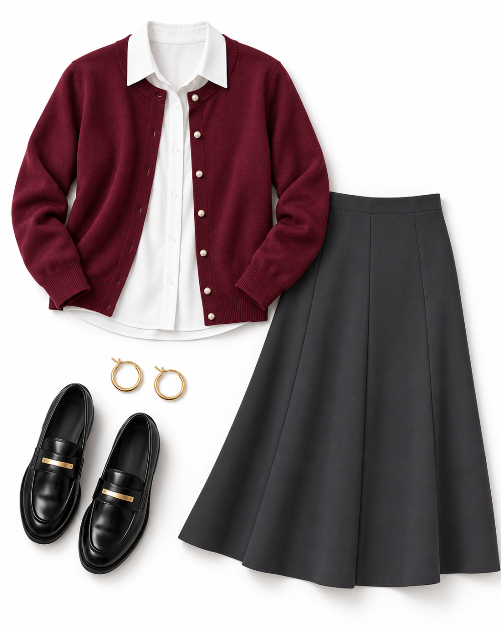 Burgundy button cardigan over a crisp white collared blouse, dark-charcoal broad-panel A-line midi skirt, small gold hoops and black loafers with a plain gold buckle arranged on white.