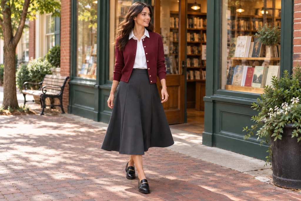 An adult woman walks outside a neighborhood bookshop in a burgundy cardigan with pale-gold buttons over a white collared blouse, a dark-charcoal A-line midi skirt, small gold hoops and black gold-buckle loafers.