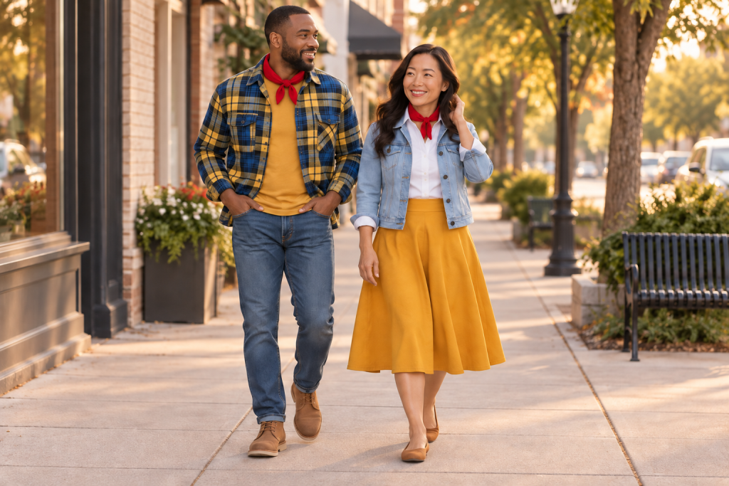 Two adults wearing complete Woody-inspired everyday outfits with their linked shoes and accessories