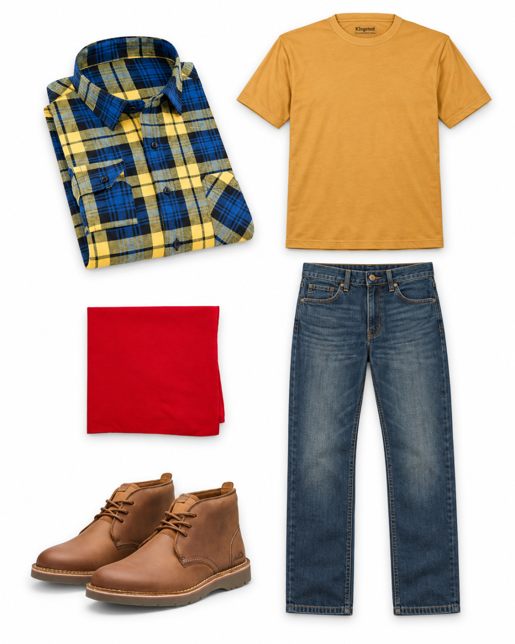 Men’s yellow-and-blue plaid shirt, mustard tee, straight jeans, solid-red bandana and light-brown chukka boots arranged as a complete outfit.