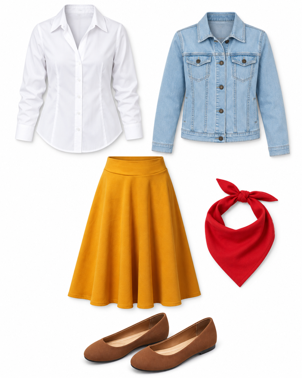 White blouse, light-wash denim jacket, mustard A-line midi skirt, tan flats and plain red bandana laid out as a women’s outfit.