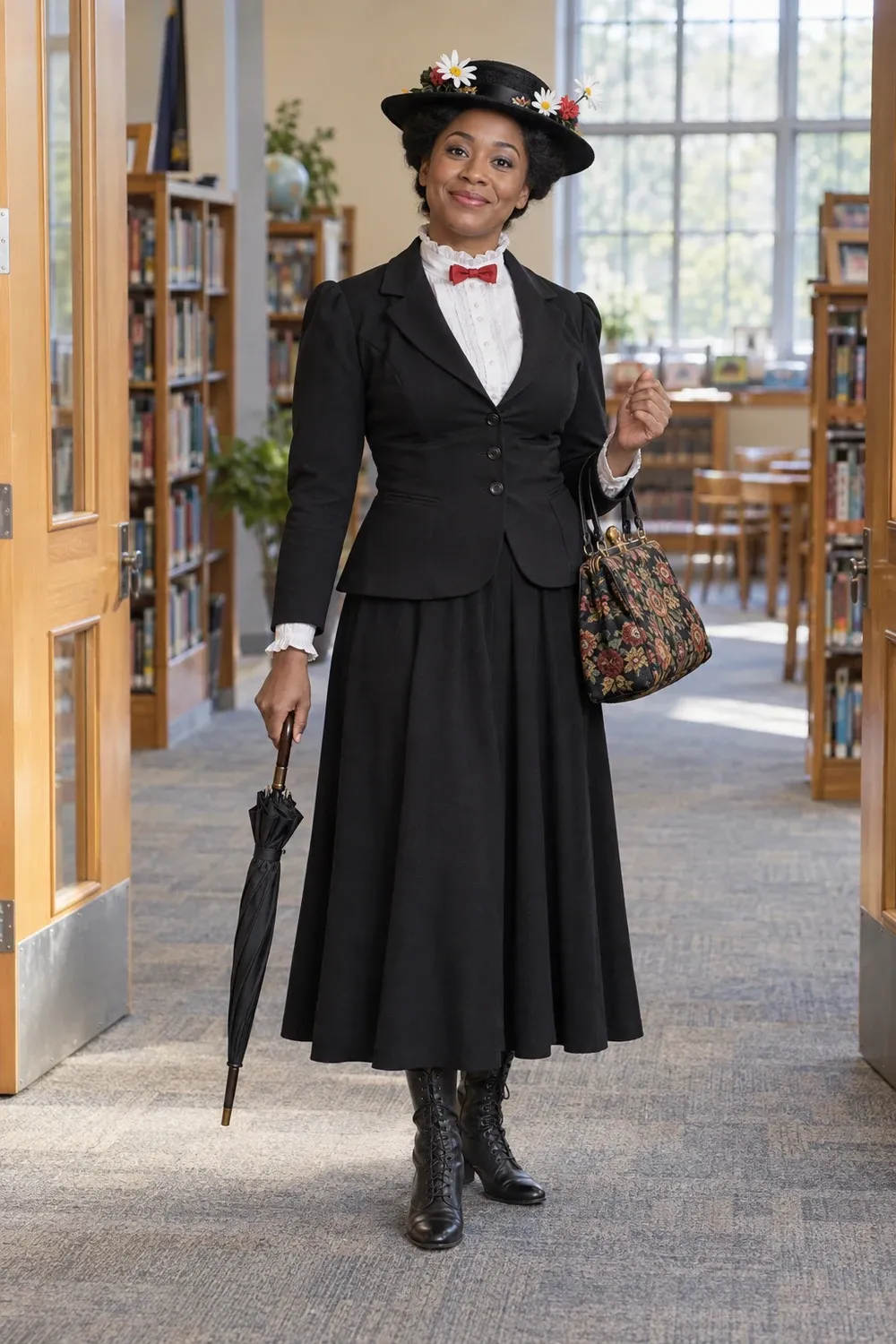 A teacher wearing a Mary Poppins-inspired outfit with a flowered hat and carpet bag