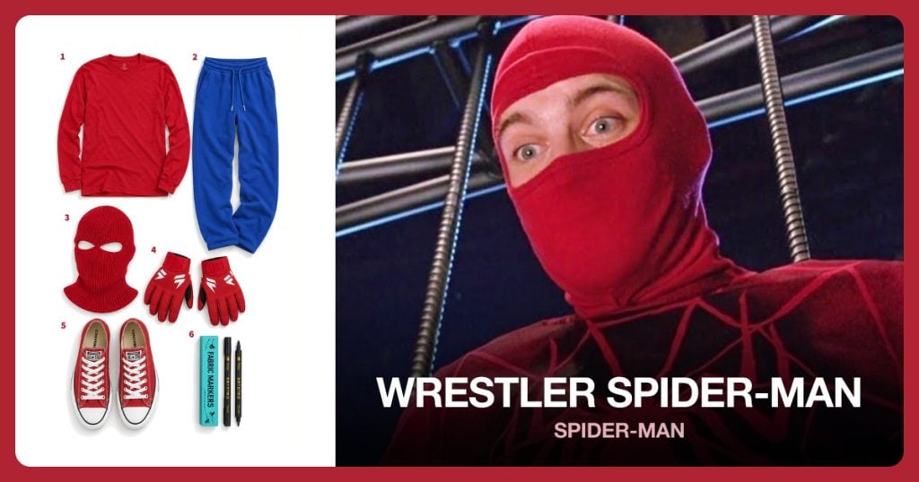Red Long-Sleeve Shirt, Royal Blue Sweatpants, Red Ski Mask and Red and White Sport Gloves beside Wrestler Spider-Man
