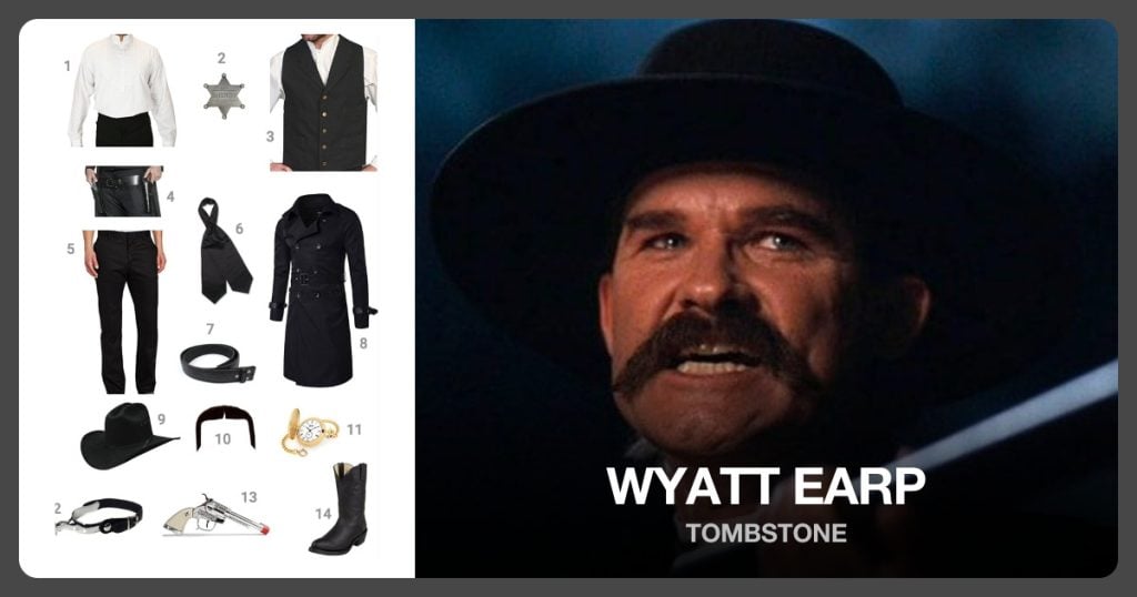 White Victorian Shirt, Sheriff Badge, Black Vest and Men’s Gun and Holster Belt beside Wyatt Earp