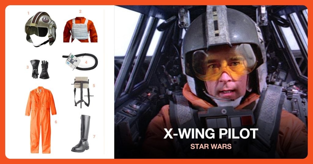 X-Wing Fighter Collectible Helmet, X-wing Rebel Fighter Pilot White Flak Vest and Black Gloves beside X-Wing Pilot