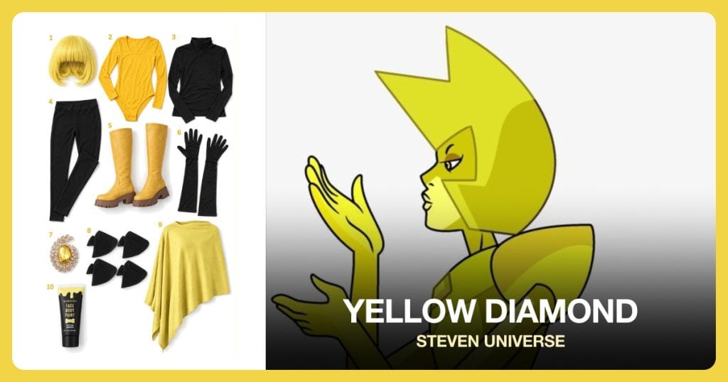 Short Angular Bright Yellow Bob Wig, Yellow Long Sleeve Bodysuit Or Catsuit and Black High Collar Mock Neck Top beside Yellow Diamond