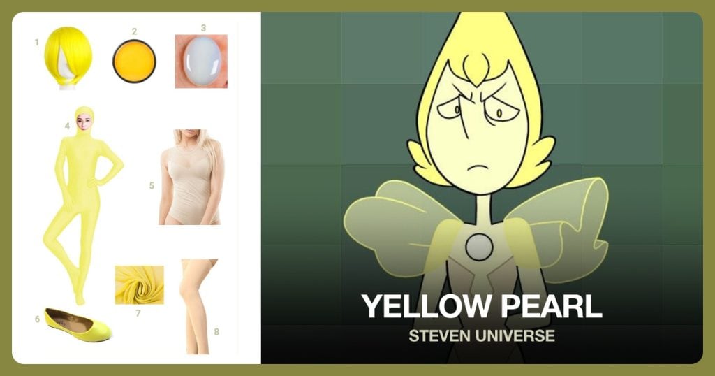 Yellow Wig, Yellow Makeup, White Flat Back Gem and Yellow Full Body Suit beside Yellow Pearl