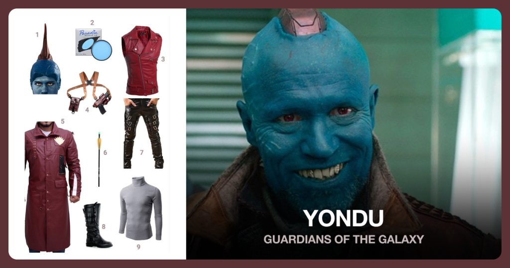 Yondu Headpiece, Face and Body Paint, Biker Leather Vest and Rig Shoulder Holder beside Yondu