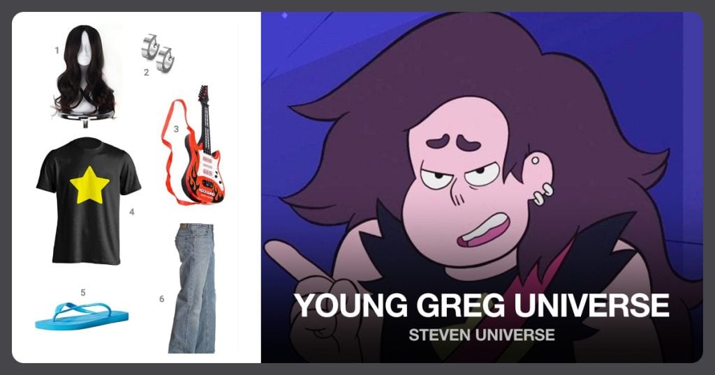 Brown Long Hair Wig, Silver Earrings, Toy Electric Guitar and Greg Universe Shirt beside Young Greg Universe