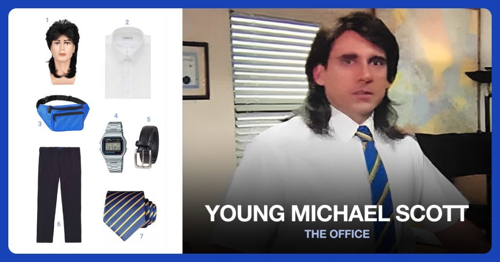Men’s Black Mullet Wig, White Short Sleeve Dress Shirt, Blue Fanny Pack and Casio Stainless Steel Watch beside Young Michael Scott