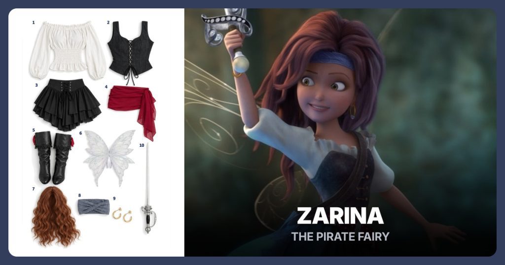 White Puff-Sleeve Blouse, Fitted Black Lace-Up Bodice, Short Layered Pirate Skirt and Burgundy Pirate Waist Sash beside Zarina