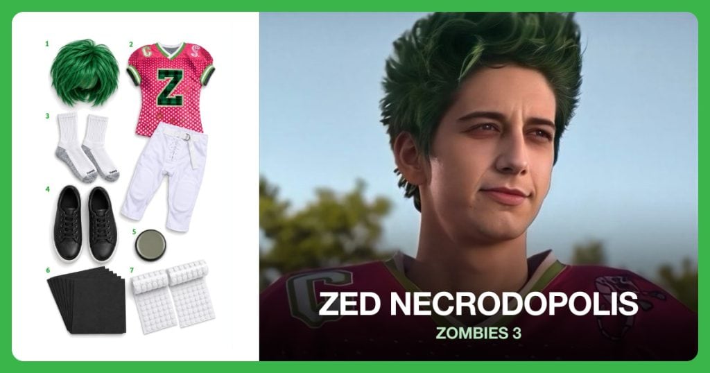 Short Green Wig, Zed Football Costume, White Athletic Socks and Black Lace Up Sneakers beside Zed Necrodopolis