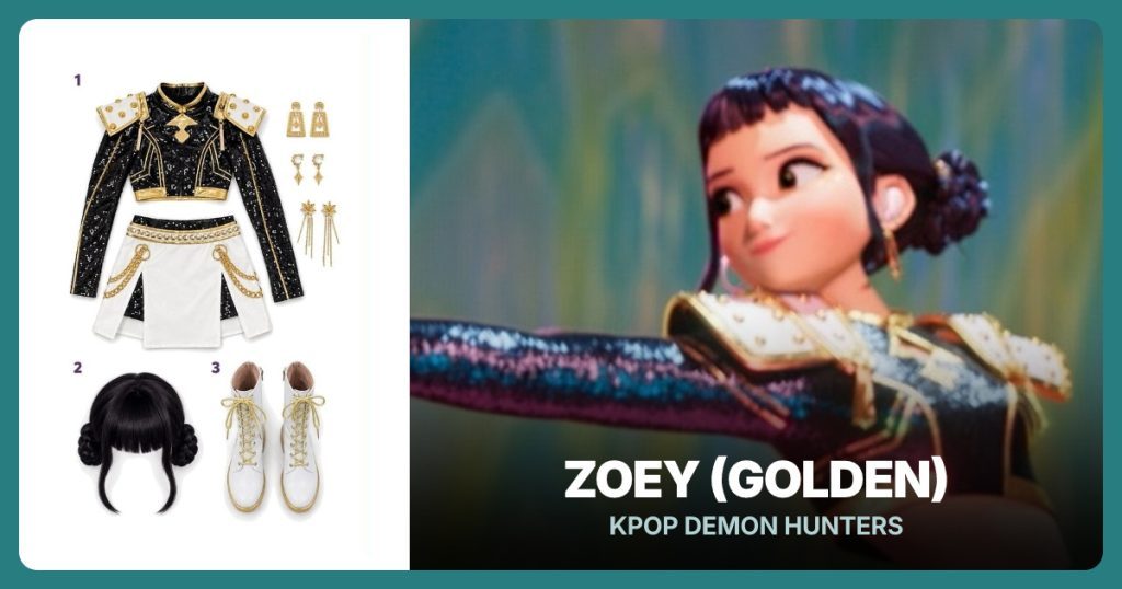 Black and Gold Stage Costume Set, Black Double-Bun Wig and White and Gold Mid-Calf Boots beside Zoey (Golden)